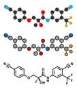 Enobosarm drug molecule. Stylized 2D renderings and conventional skeletal formula. Selective androgen receptor modulator (SARM)