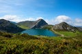 Enol lake in mountains with cows and sheep on green pasture. National park Picos de Europa Royalty Free Stock Photo