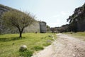 Enormous ancient walls of Rhodes. Medieval city in Rhodes town, Greece Royalty Free Stock Photo