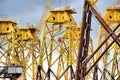 Workers in a hoist at an offshore wind turbine bases construction on Tyneside