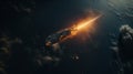Enormous celestial traveler massive meteor speeding across interstellar void, leaving fiery streak