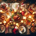 enormous christmas feast laid out on table