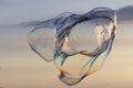 Alien-like, giant soap bubble creature with rainbow colours at sunset