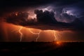 Enormous lightning flash pierces open plain under fiery stormy sunset