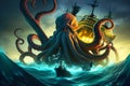 Enormous mythical sea monster attacks old ship in the middle of stormy sea, kraken attack wallpaper, generative ai illustration