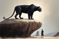 Enormous obsidian feline and its keeper perched atop rocky peak Illustration painting