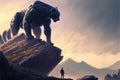 Enormous obsidian feline and its keeper perched atop rocky peak Illustration painting