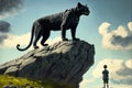 Enormous obsidian feline and its keeper perched atop rocky peak Illustration painting