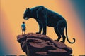 Enormous obsidian feline and its keeper perched atop rocky peak Illustration painting