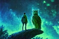 The enormous owl and its master perching on a limb in nocturnal woodland with verdant firmament Royalty Free Stock Photo