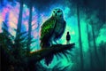 The enormous owl and its master perching on a limb in nocturnal woodland with verdant firmament Royalty Free Stock Photo