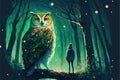 The enormous owl and its master perching on a limb in nocturnal woodland with verdant firmament Royalty Free Stock Photo