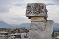 Enormous Sculpted Stone Gargoyles at Historic Theatre, Hierapolis, Pamukkale, Denizli Province, Turkey
