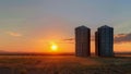 Enormous steel silos filled with liquid herbicides and insecticides situated in a vast open field with the sun setting