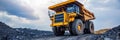 Enormous yellow coal mining truck operating in expansive open pit coal extraction area