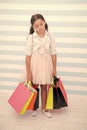 Enough for her. Girl tired sleepy carry bunch paper bags. Exhausting shopping routine. Prepare for school season buy