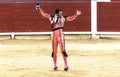 The enraged bull attacks the bullfighter. Spain 2017 07.25.2017. Vinaros Monumental Corrida de toros. Spanish bullfight. Royalty Free Stock Photo