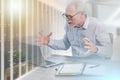 Enraged businessman in office multiple exposure