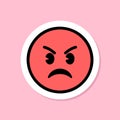 enraged face emoji sticker, red angry expression sticker on pink background, black outline, vector design element