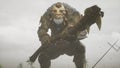 An enraged troll strikes his enemy with his battle club. Fantasy Medieval Concept. A giant troll on a wild island. 3D