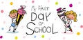 Enrollment - First Day of school - Cute first graders with school cones - colorful hand drawn cartoon