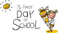 Enrollment - First Day of school - Sunny smiling schoolgirl with school cone - colorful hand drawn cartoon