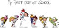 Enrollment - First Day of school - Excited first graders with school cones - colorful hand drawn cartoon