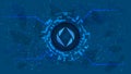 ENS Ethereum Name Service token symbol in digital circle with futuristic cryptocurrency theme on blue background. Cryptocurrency