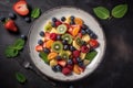 Ensalada De Frutas On White Plate, Top View. Colombian Food. Generative AI