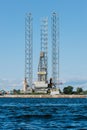 Ensco 101 floating drilling rig, drilling cranes, vessels and mining platforms in Kronstadt on Navy Day. Kronstadt