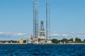 Ensco 101 floating drilling rig,drilling cranes,vessels and mining platforms in Kronstadt on Navy Day.Kronstadt Marine