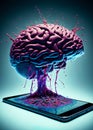 Enslaved by thechnology. Smartphone controling human brain. Mind control, Phone addiction, Brainwashed concept. Generative  Ai Royalty Free Stock Photo