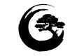 Enso Zen Circle and Bonsai Tree, hand-drawn with black ink in traditional Japanese style sumi-e, Vector logo design Royalty Free Stock Photo