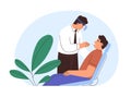 ENT doctor checking throat. Patient at audiologist office. Man visiting otolaryngologist for medical checkup. Person at