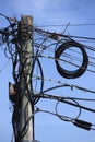 Entangled Cables on a post with a blue sky in the background Royalty Free Stock Photo