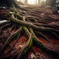 Entangled Roots in a Misty Forest Royalty Free Stock Photo