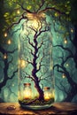 The Bewitching Forest: Mummified Jars and a Tree Within, Surrounded by Alchemical Elements. AI generated