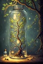 Fantastical Forest with Green Leaves, Jar Lanterns, and Illuminated Branches. AI generated