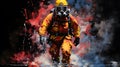 Firefighter in uniform with helmet and gas mask on fire background.