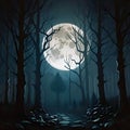 Dark Forest with Moon. Moonlit Dark Forest. Illustrated Night Forest.
