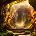 mystical cave with sparks and twists trees