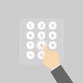 Enter numbers on the virtual numeric keypad. A man`s hand touches the numbers on the virtual keyboard