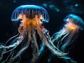 Preserving the mysterious allure of a bioluminescent jellyfish in the deep sea as night falls