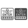 Enter password to unlock line and solid icon, data protection concept. Vector graphics. Locked screen window sign on