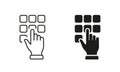Enter Pin Code on Keypad Line and Silhouette Icon Set. Hand Entering Password on Phone Keyboard Pictogram. ATM Access Royalty Free Stock Photo
