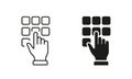 Enter Pin Code on Keypad Line and Silhouette Icon Set. Hand Entering Password on Phone Keyboard Pictogram. ATM Access