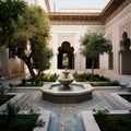 Serene courtyard adorned with a central fountain and surrounding zelij tilework