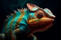 Dark Majesty: Close-Up of a Chameleon\'s Intense Gaze on a Dark Background