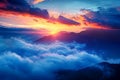 Clouds over the mountains above the sunset, romantic moonlit seascapes,fantasy landscapes , brightly colored, mist, iconic.