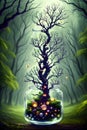 The Magical Forest: A Golden Tree Emerges from an Alchemical Jar. AI generated